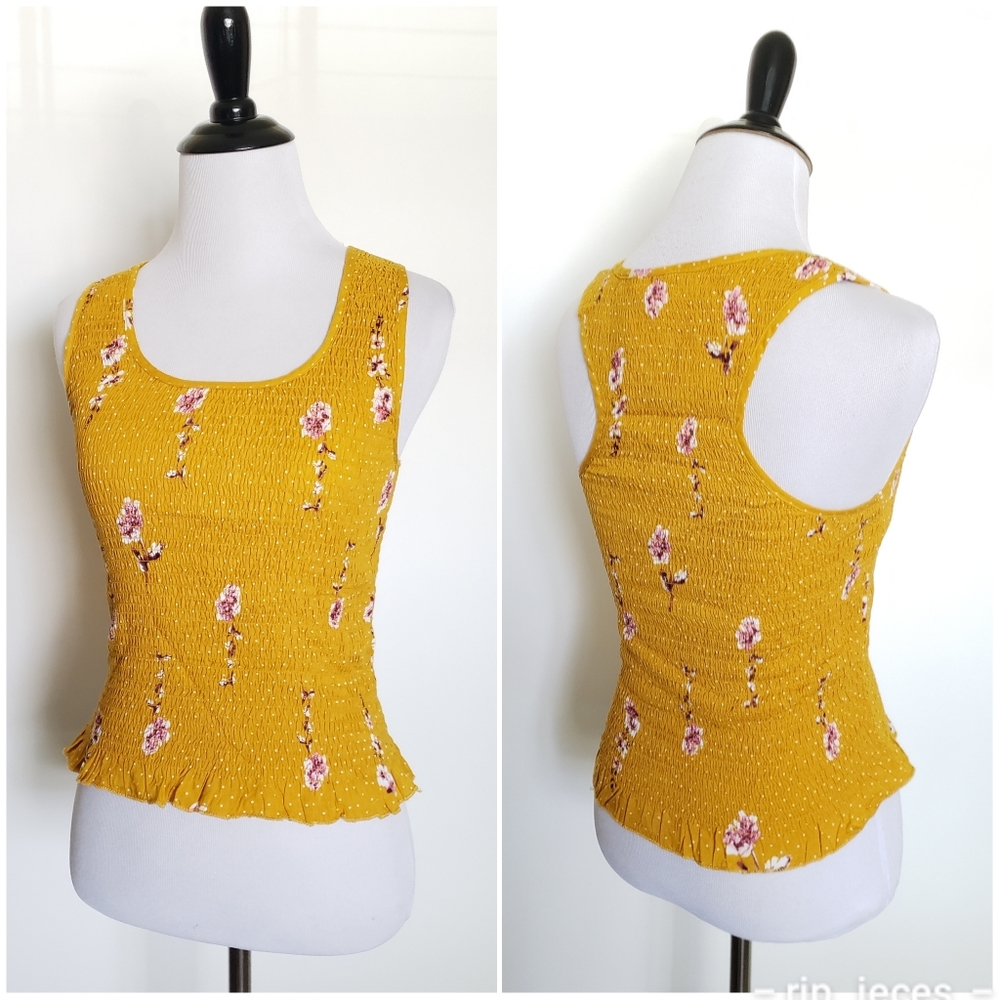 Golden yellow floral summer top stretchy size M